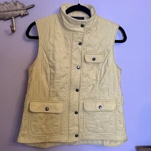 Talbots Butter Yellow Quilted Vest Zip & Snap Front High collar Snap Pockets S